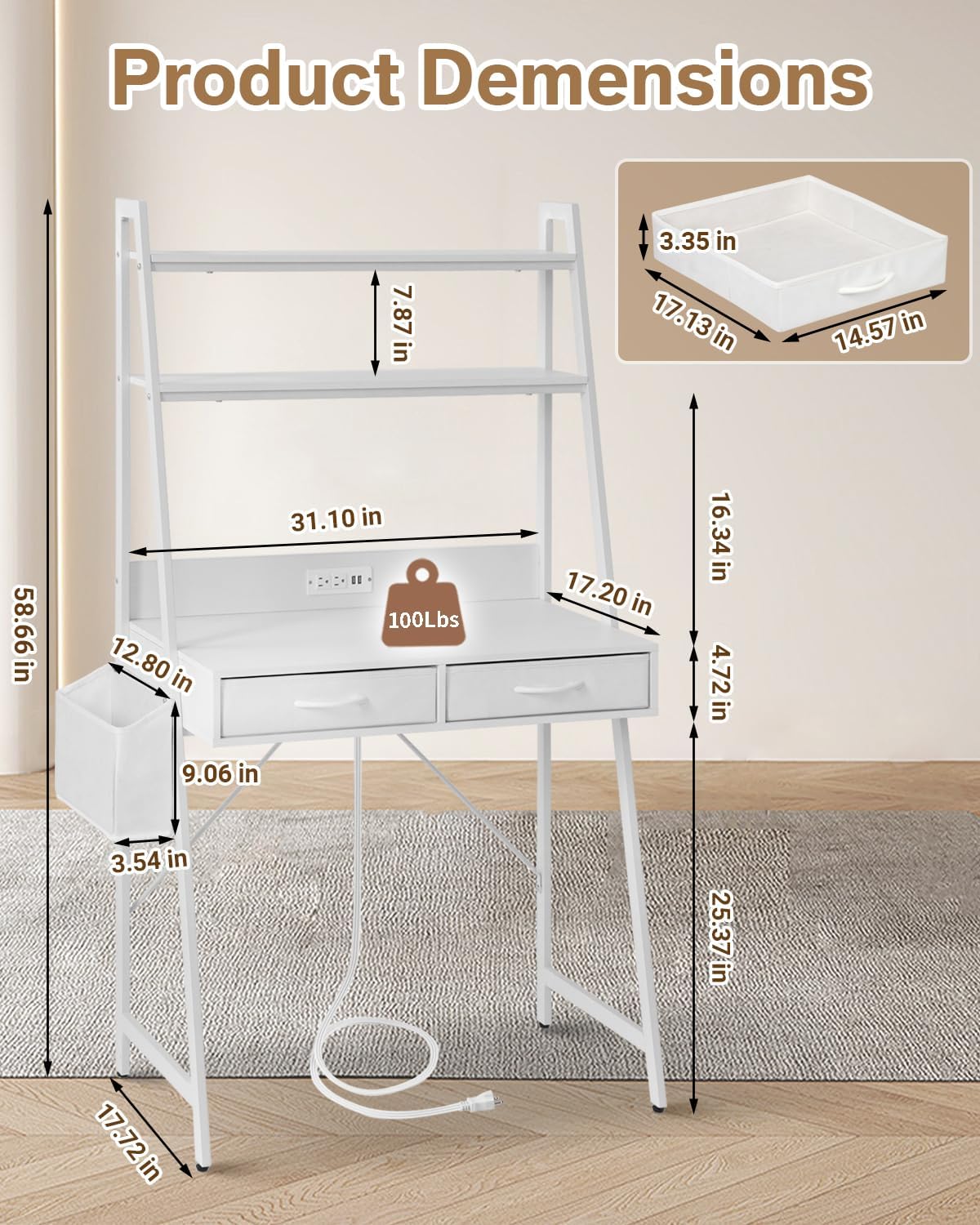 Freestanding Ladder Desks with Power Outlets, Small Home Office Study Reading Desks with 2 Fabric Drawers and Side Bag, Computer Gaming Desk Modern Vanity Dressing Makeup Desk (Elegant White, Ladder)