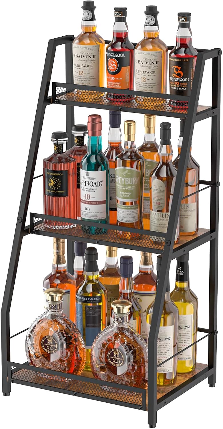 3-Tier (Safe Height for Kids & Pets) Liquor Stand for Home Bar, Stepped Wine Rack Freestanding Floor for Liquor Whiskey Wine, Versatile Corner Wine Bottle Display Stand with Fences, Vintage Brown