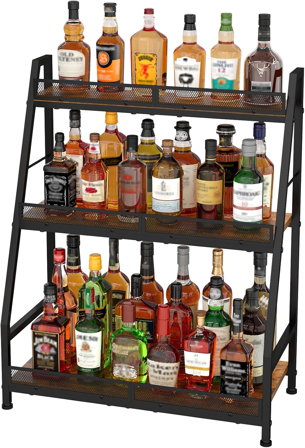 3-Tier (Safe Height for Kids & Pets) Liquor Stand for Home Bar, Stepped Wine Rack Freestanding Floor for Liquor Whiskey Wine, Versatile Corner Wine Bottle Display Stand with Fences, Vintage Brown