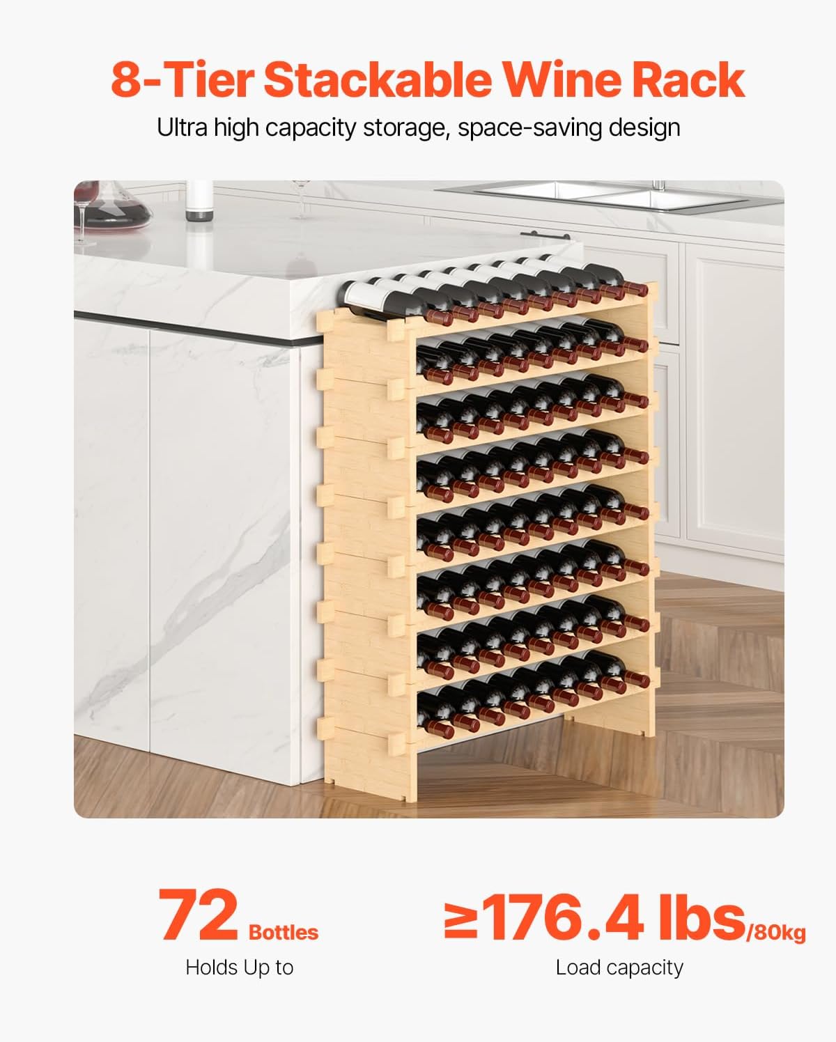 VEVOR 8-Tier 72 Bottles Stackable Modular Wine Rack, Freestanding Wines Holder Display Shelf, Solid Bamboo Wood Storage Racks, Wobble-Free Shelves for Kitchens, Dining Rooms, Cellars, Natural Color