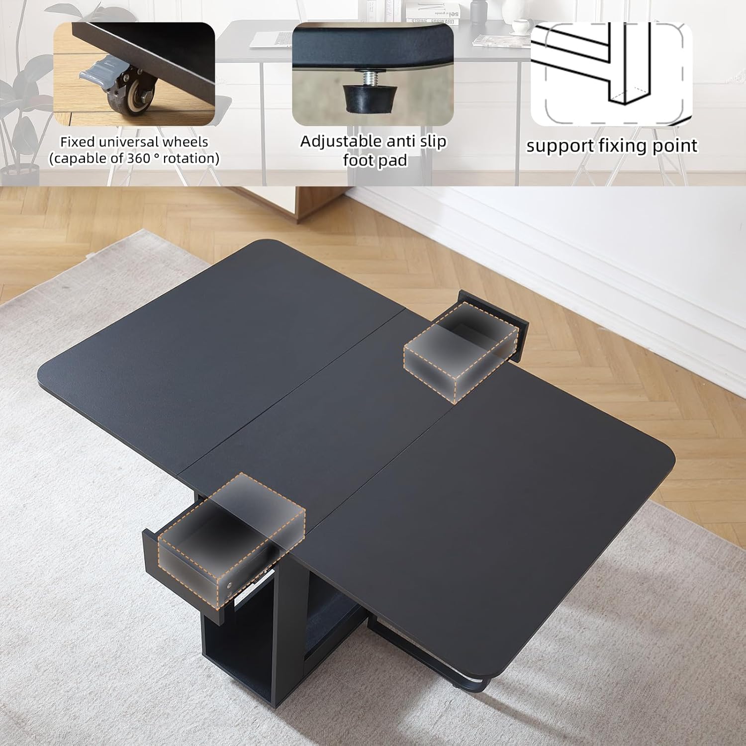 VASTATIO Folding Dining Room Table with Two Drawers for 4/6 with Space Saving Drop Leaf Table,Lockable Wheels & Storage, Heavy Duty Plywood Top 300lb, Convertible Desk for Apartments/RV/Home Office