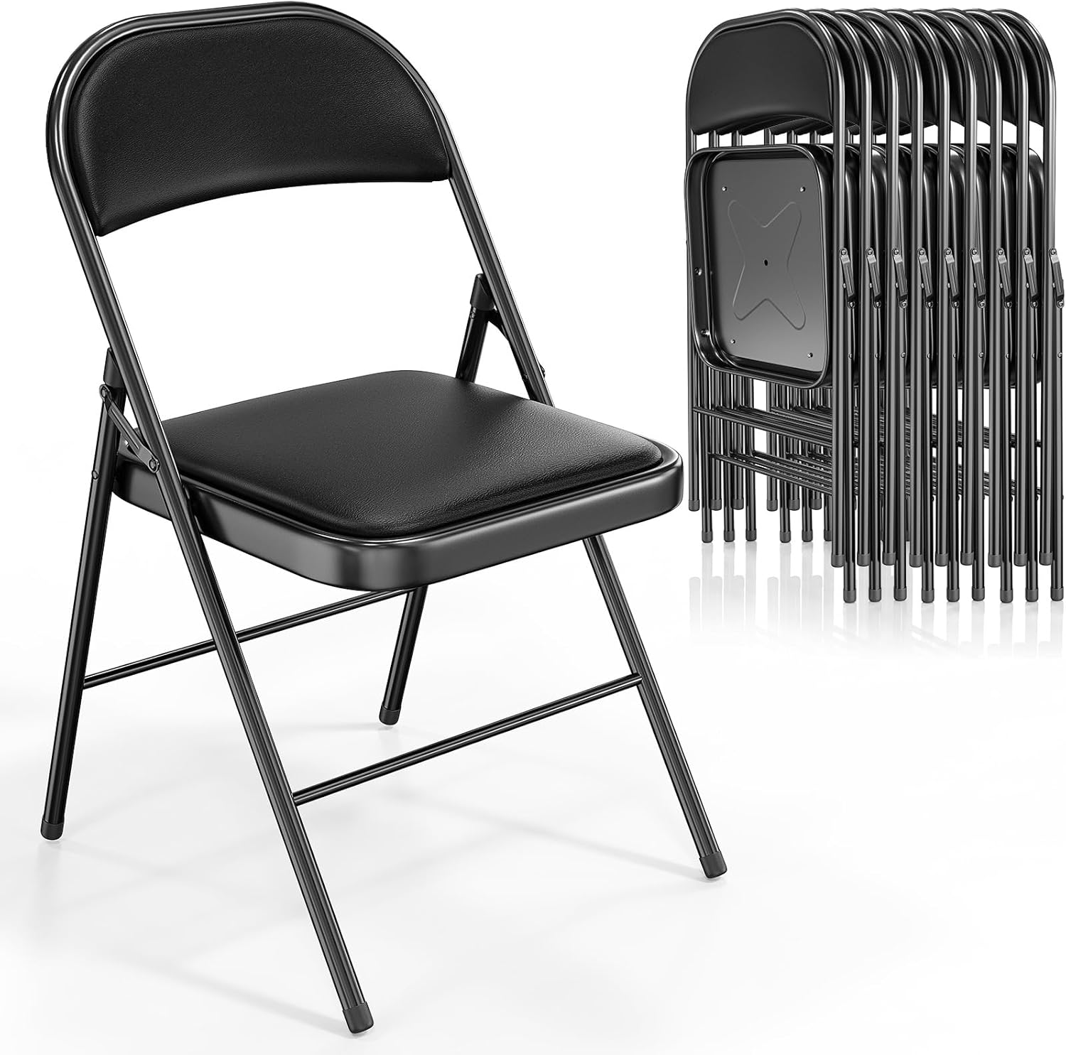 VINGLI 10 Pack Folding Chairs with Padded Seats, Metal Frame with Pu Leather Seat & Back, Capacity 350 lbs, Black