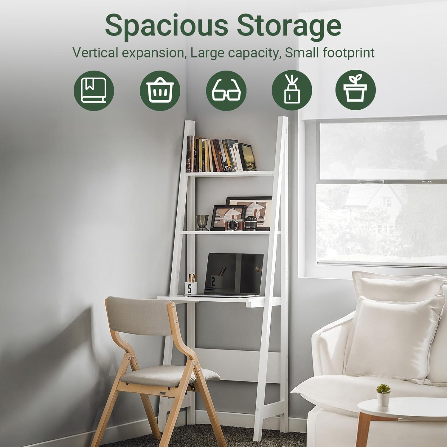 Haotian Ladder Desk with Shelves, Wall Desk for Small Space, Secretary Desk Workstation Dresser Shelf Freestanding Bookshelf, White FRG60-W