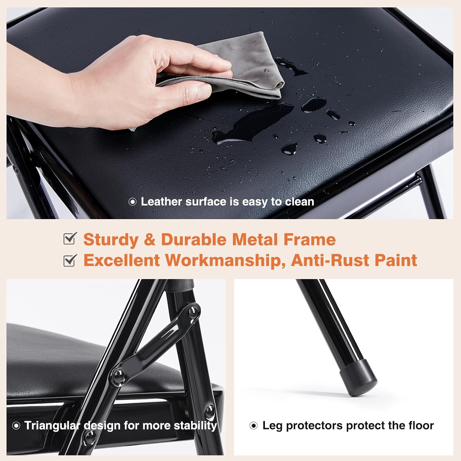 Sweetcrispy Folding Chair 4 Pack, Leather Padded Folding Chairs, Sturdy Metal Foldable Chairs, Easy to Use and Store, Outdoor and Indoor, for Home, Office, Party, Comfy, Black