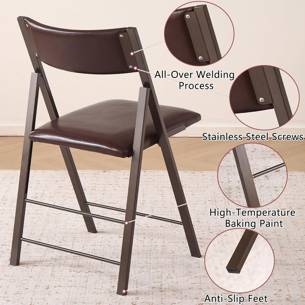 Folding Chairs with Cushion 2 Pack - Heavy Duty Steel Frame Foldable Dining Chairs, Waterproof Leather Indoor Outdoor Comfortable Folding Chairs for Home, Conference Rooms, Weddings, Events (Brown)