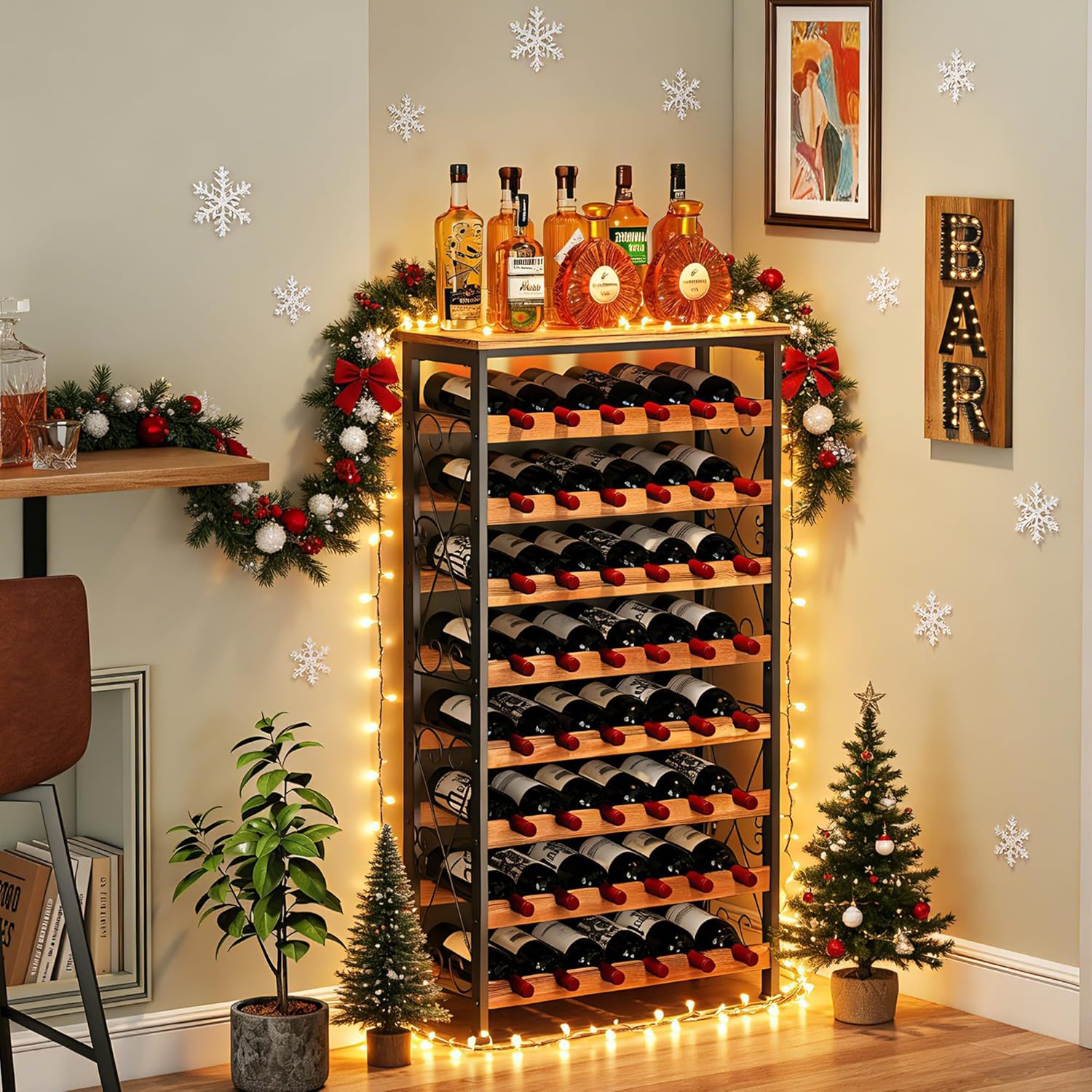 Sonyabecca 48 Bottles Wine Rack Freestanding Floor with Wood Top, 8 Tier Wine Bottle Holder, Wine Storage for Kitchen Pantry, Tall Wine Bar Stand Shelf Display 25.2''L X 10.7''W X 47.2''H