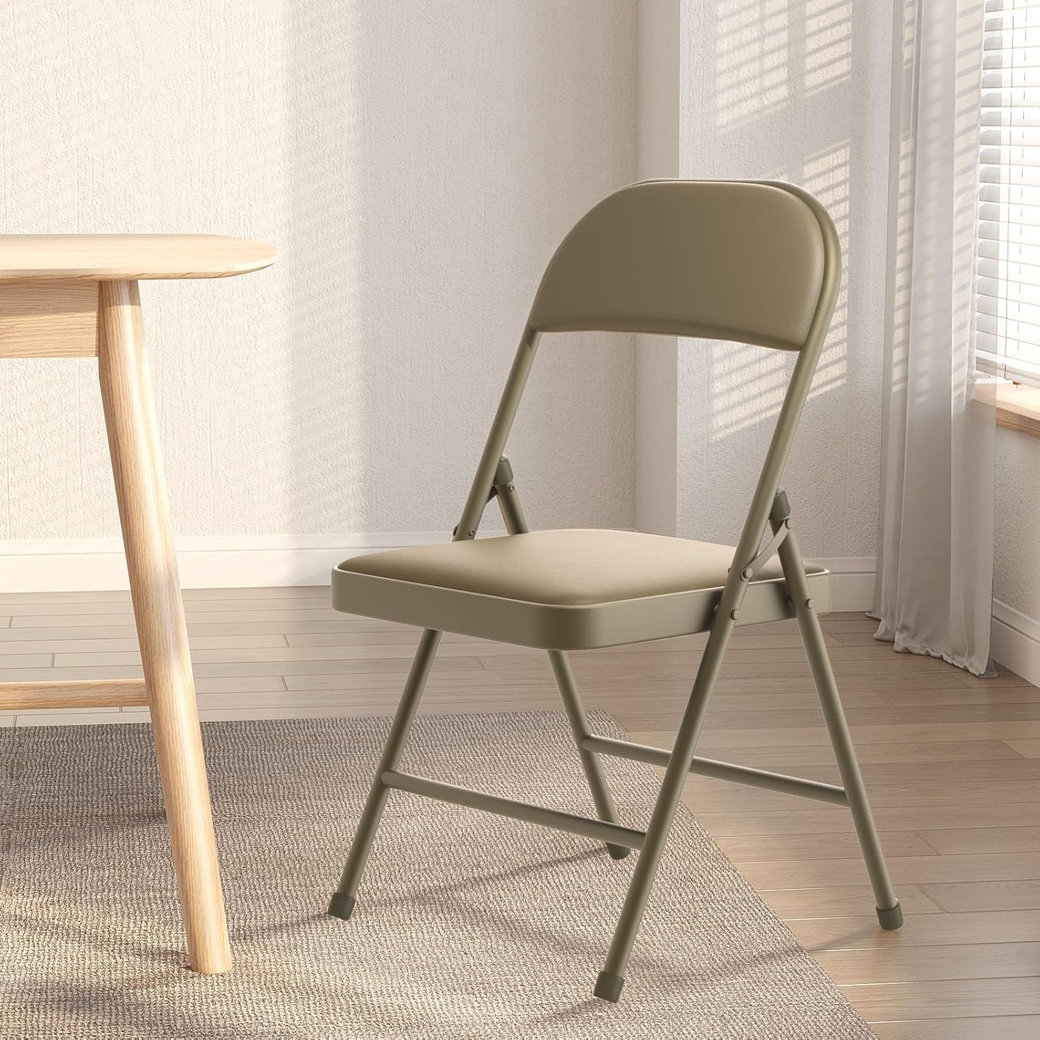 Nazhura 4 Pack Folding Chairs with Padded Vinyl Cushion Chairs with Comfortable Cushion and Durable Steel Frame for Home and Office, for Indoor and Outdoor Events (Kahki Vinyl Padding 4 Pack)