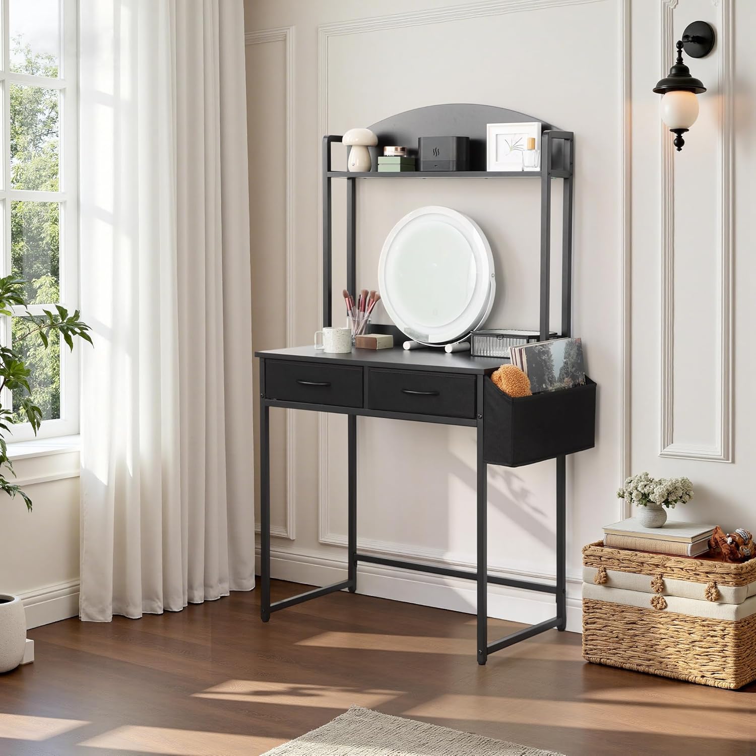 KATHY&BOB Freestanding Ladder Desk with Power Outlets, Home Office Study Reading Desk with 2 Fabric Drawers and Side Bag, Open Shelf Computer Gaming Desk, Modern Vanity Dressing Makeup Table