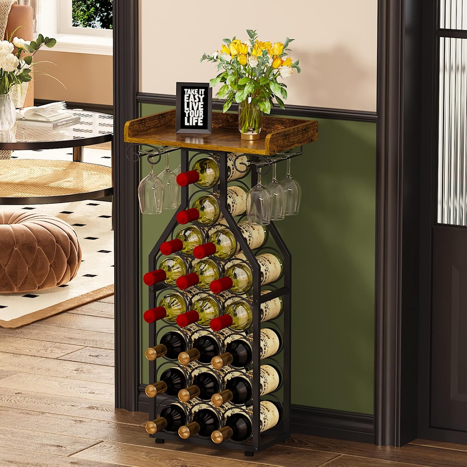 X-cosrack Wine Rack Freestanding Floor, Mini Bar Table Wine Holder Stand Liquor Cabinet with Glass Holder Wood Tabletop 14 Bottles Floor Wine Storage for Home Bar Kitchen Living Room (Patent Pending)