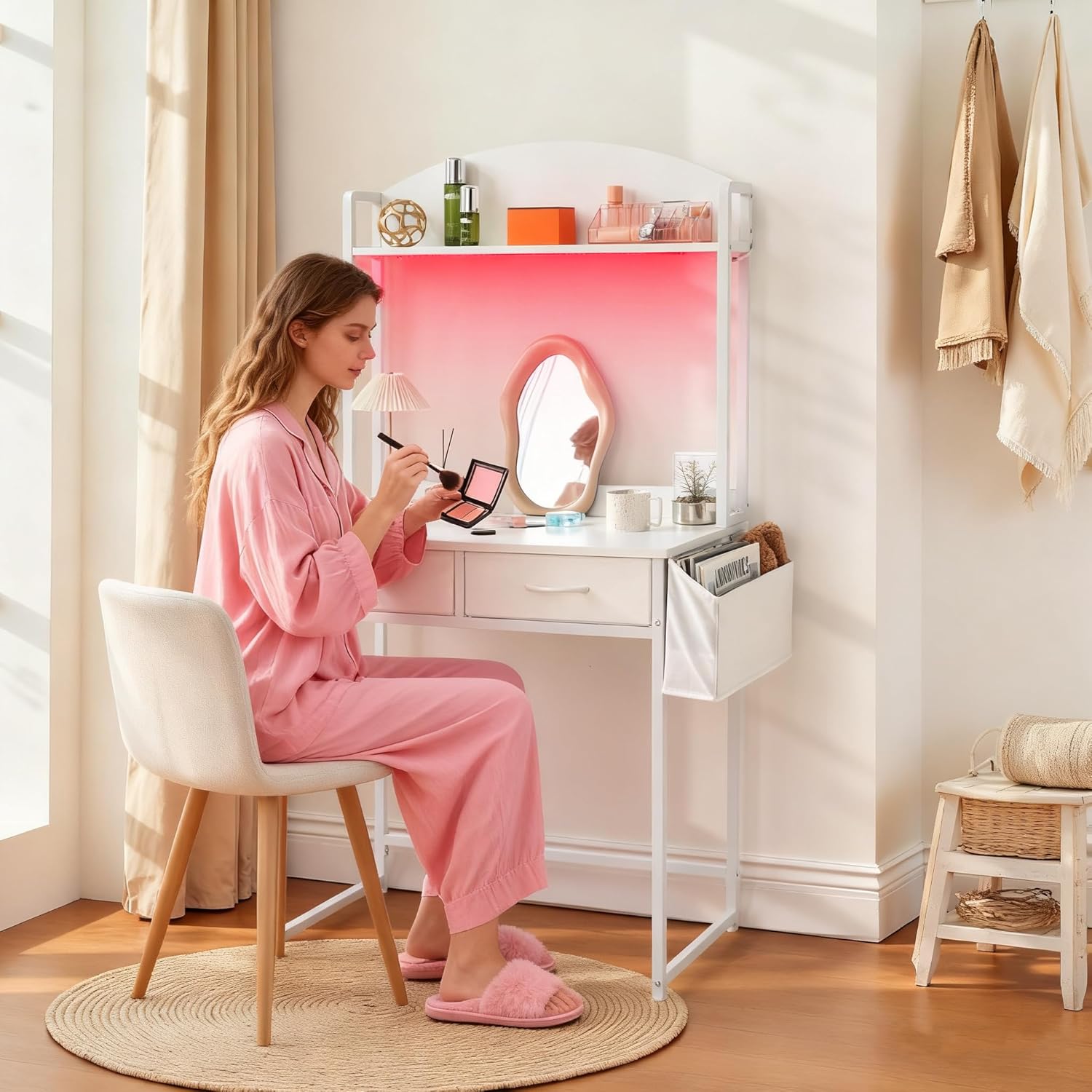 Freestanding Ladder Desks with Power Outlets, Small Home Office Study Reading Desks with 2 Fabric Drawers and Side Bag, Computer Gaming Desk Modern Vanity Dressing Makeup Desk (Elegant White, Ladder)