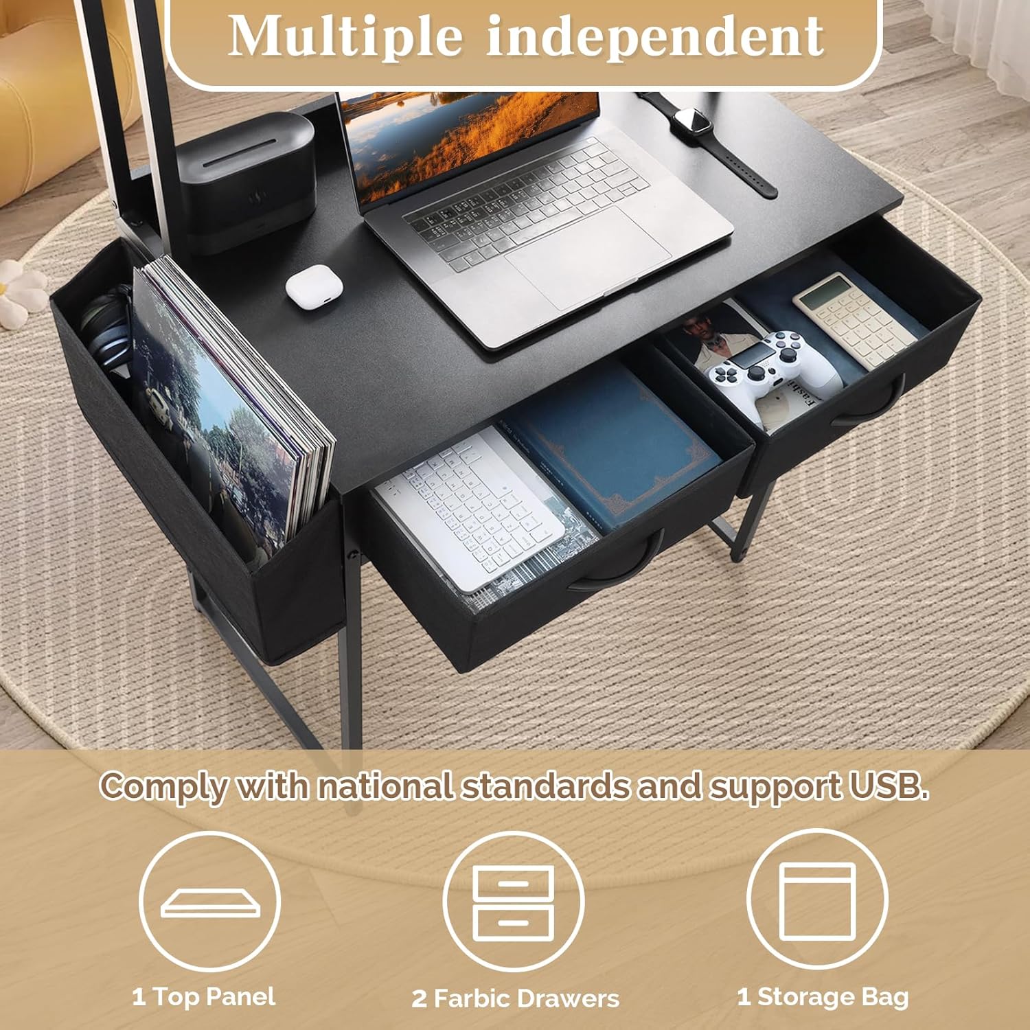 KATHY&BOB Freestanding Ladder Desk with Power Outlets, Home Office Study Reading Desk with 2 Fabric Drawers and Side Bag, Open Shelf Computer Gaming Desk, Modern Vanity Dressing Makeup Table