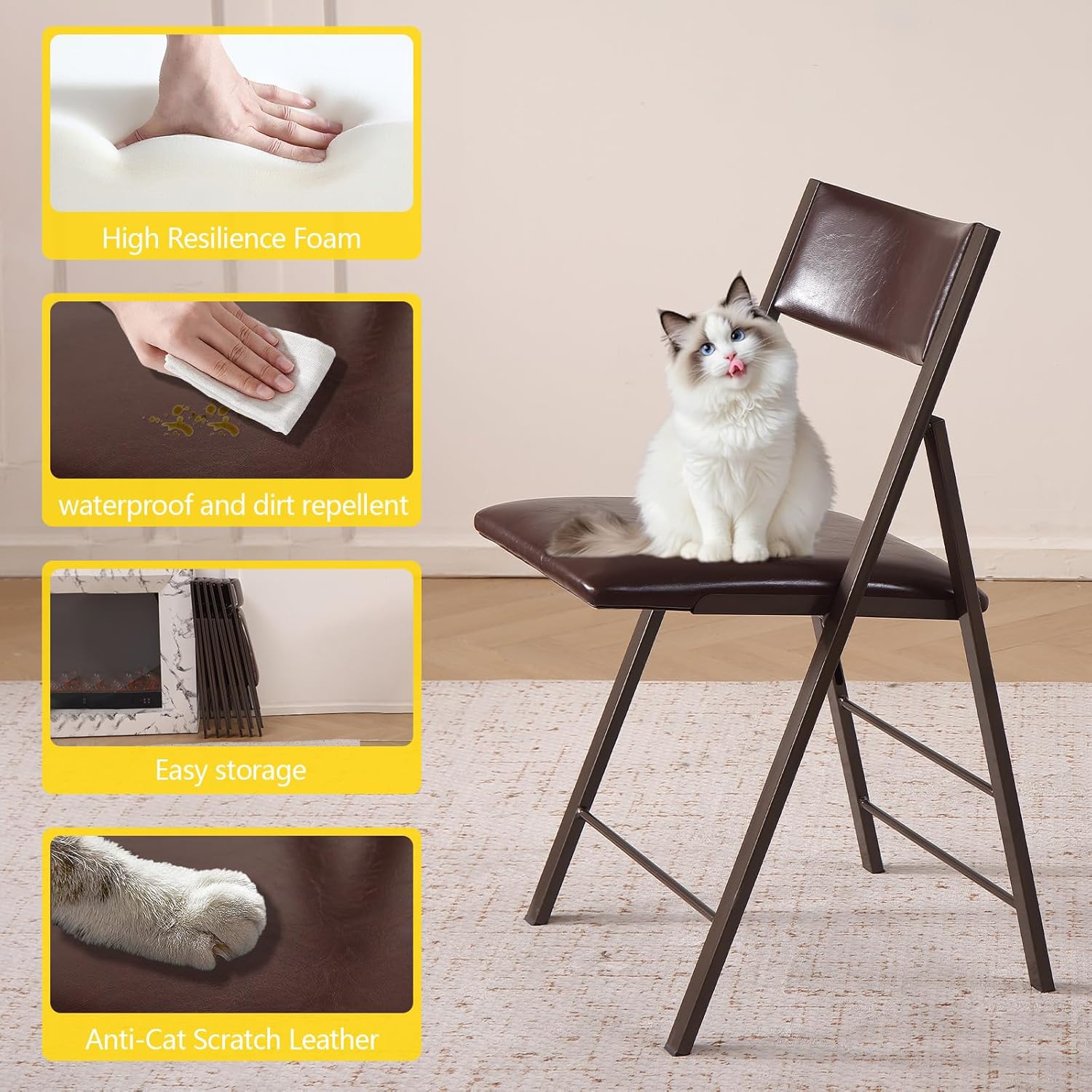 Folding Chairs with Cushion 2 Pack - Heavy Duty Steel Frame Foldable Dining Chairs, Waterproof Leather Indoor Outdoor Comfortable Folding Chairs for Home, Conference Rooms, Weddings, Events (Brown)