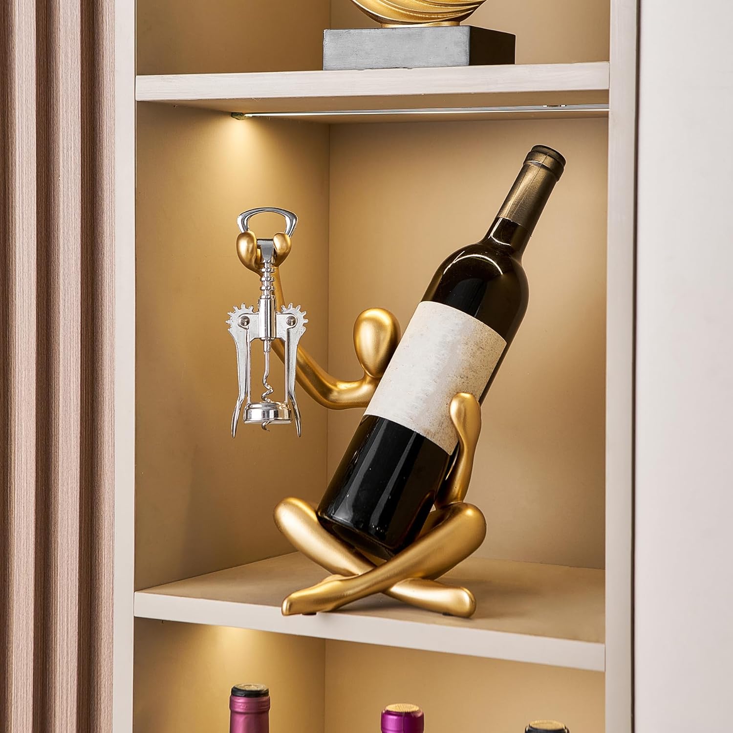 FJSPERM Thinker Statue Wine Rack, Gold Modern Rack for Kitchen Table Decor, Single Wine Bottle Holder Countertop for Bar, Small Bottle Holder Rack