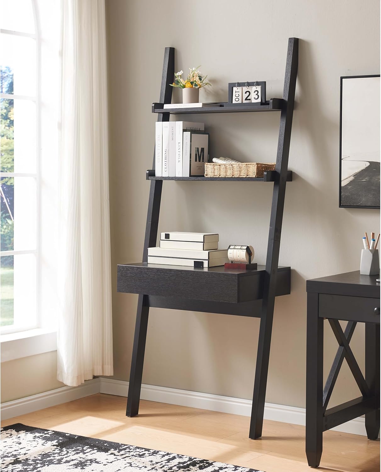 3-Tier Ladder Shelf, 72-Inch Narrow Leaning Bookshelf, Modern Home Office Desk, Workspace Writing Table Bookcase Ladder,One Drawer and Two Shelves, Handleless Design