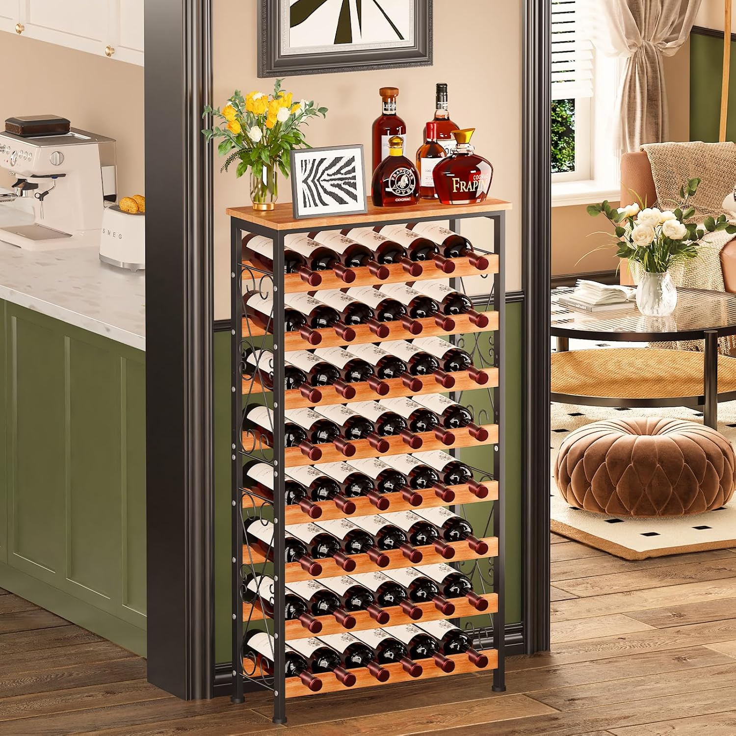 Sonyabecca 48 Bottles Wine Rack Freestanding Floor with Wood Top, 8 Tier Wine Bottle Holder, Wine Storage for Kitchen Pantry, Tall Wine Bar Stand Shelf Display 25.2''L X 10.7''W X 47.2''H