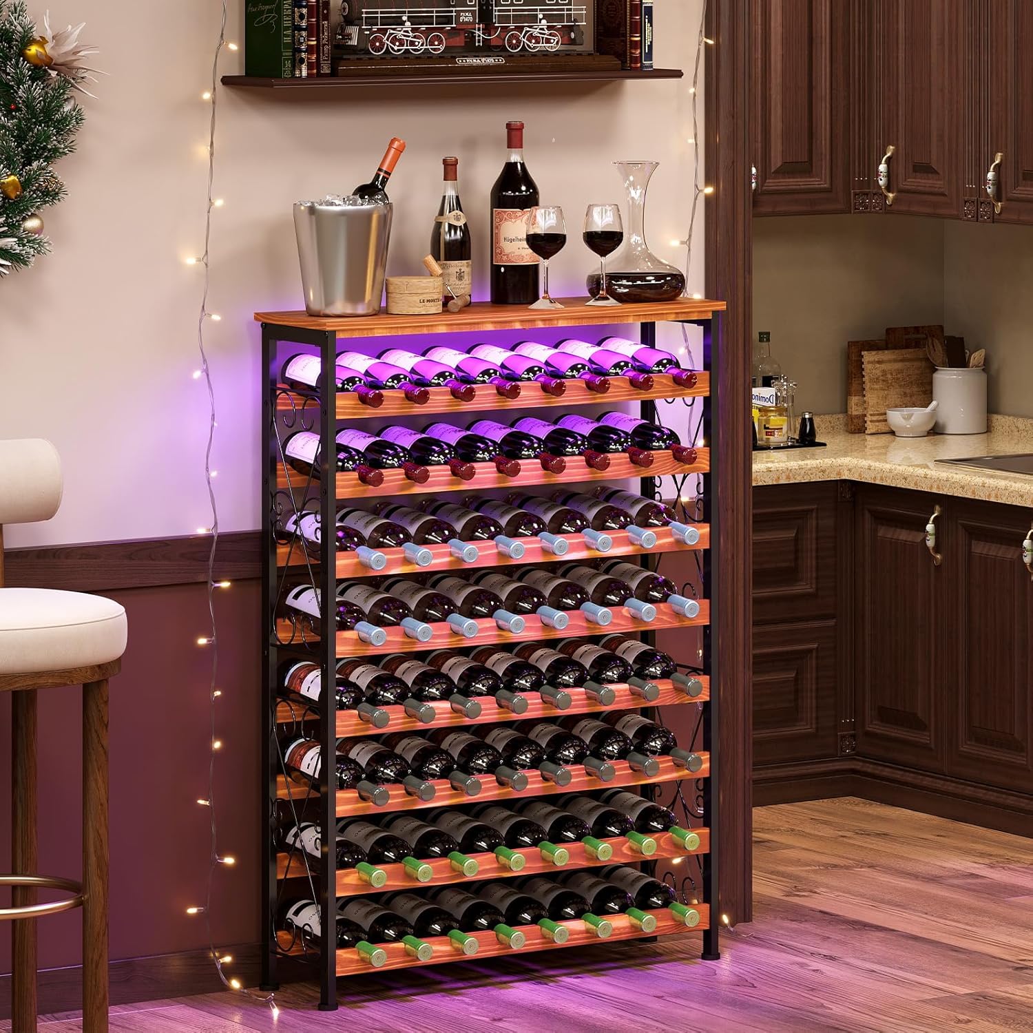 Sonyabecca 48 Bottles Wine Rack Freestanding Floor with Wood Top, 8 Tier Wine Bottle Holder, Wine Storage for Kitchen Pantry, Tall Wine Bar Stand Shelf Display 25.2''L X 10.7''W X 47.2''H