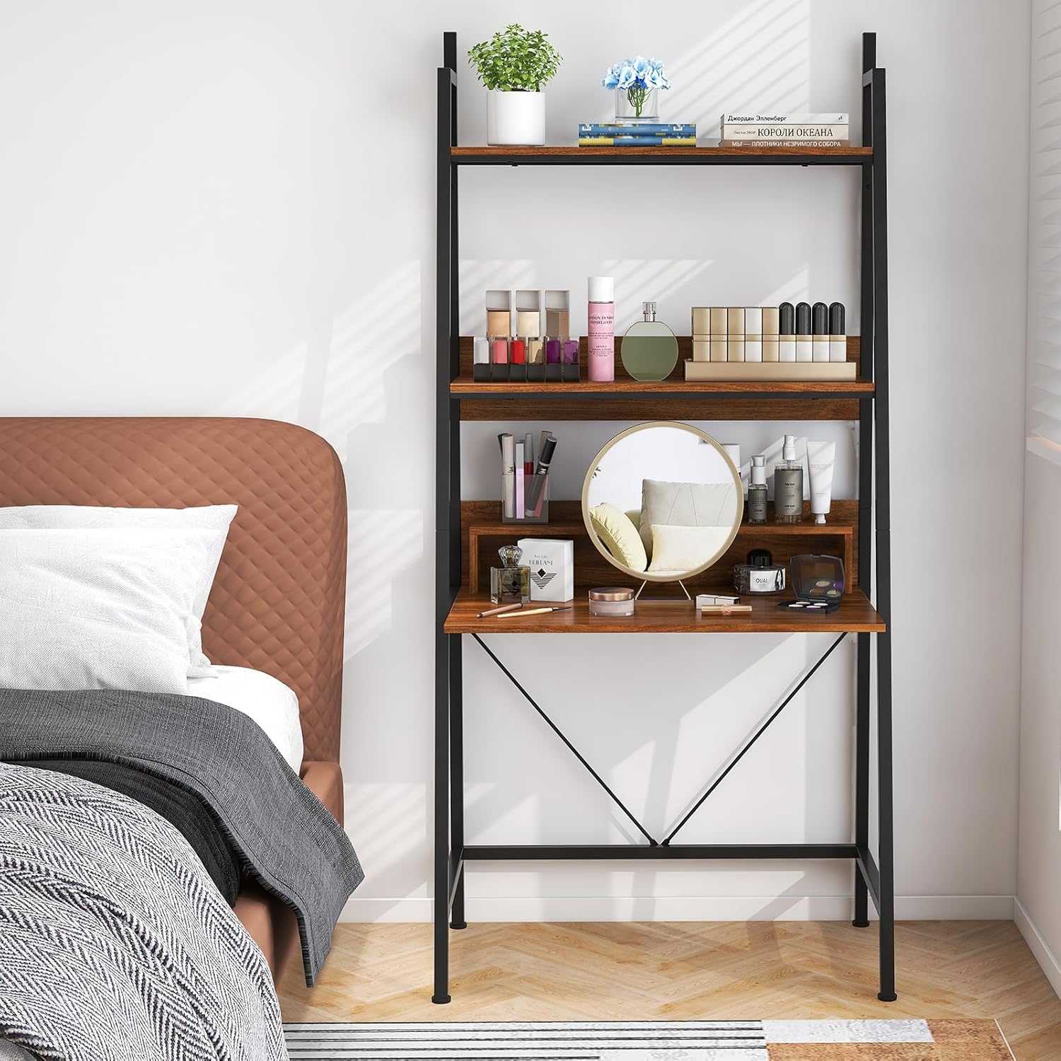 Tangkula 3-Tier Ladder Computer Desk, 71 Inch Modern Writing Desk with Storage Shelves, PC Laptop Workstation, Ladder Bookcase Stand Shelf with Metal Frame, Study Shelf Desk for Home Office (Brown)