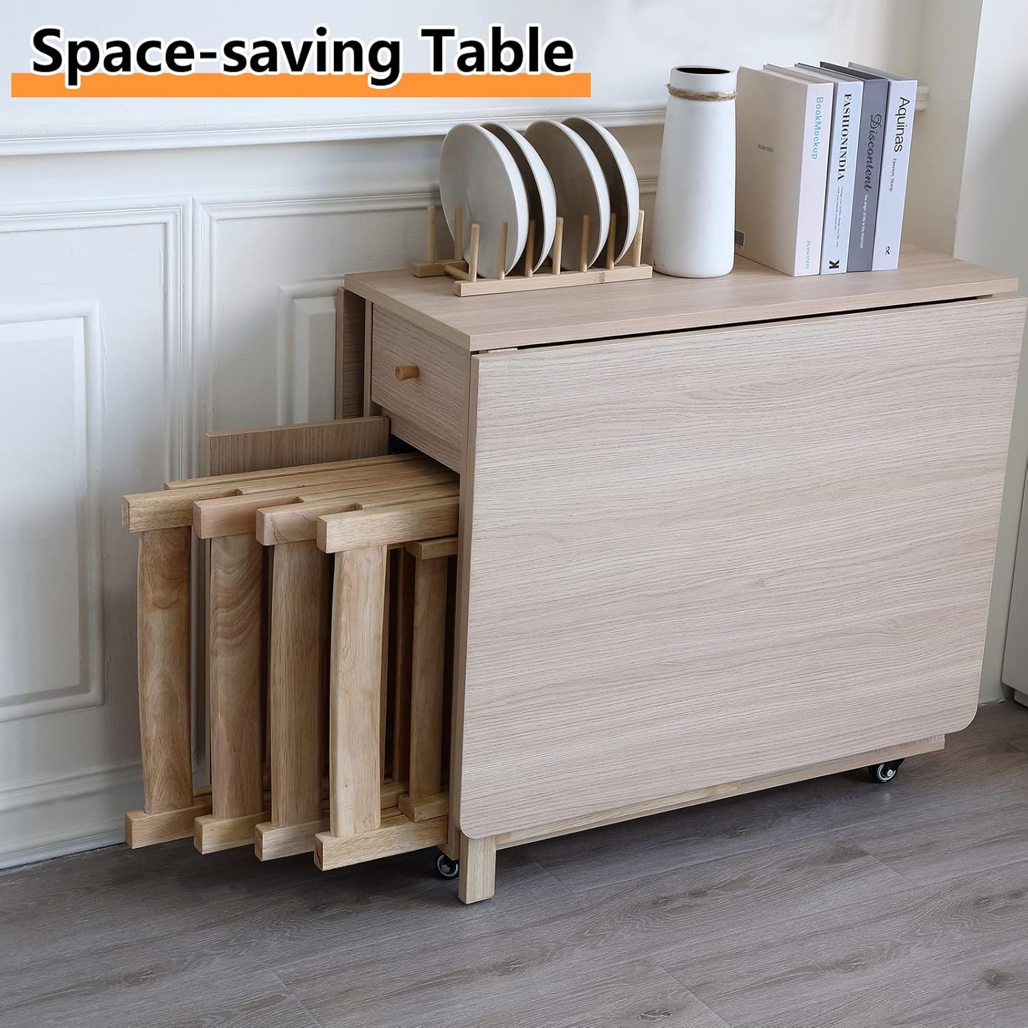 COMUHOME Extendable Drop Leaf Folding Dining Table with 2 Drawers and 4 Wheels for Living Room Kitchen Farmhouse Space Saving Table in Wood Color