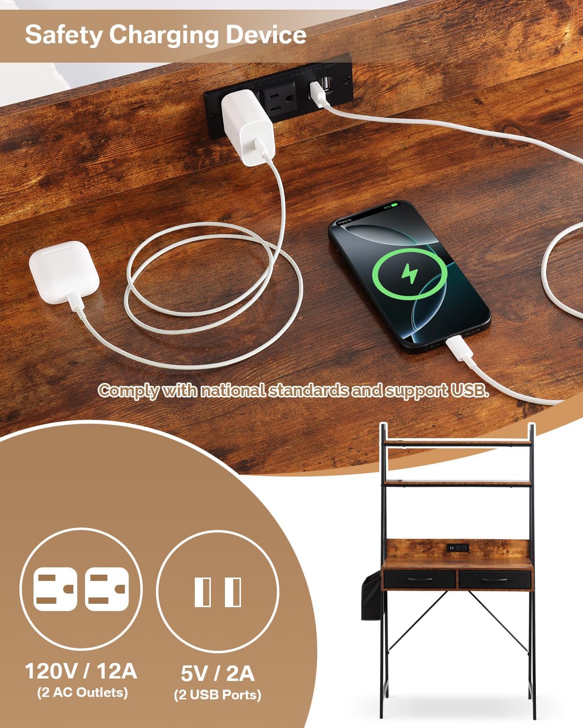 Kathy&Bob Small Home Office Study Desk - Freestanding Ladder Design with Fabric Drawers & Side Bag - Modern Vanity Makeup Desk - 2 Tier Shelf & Computer Gaming Station