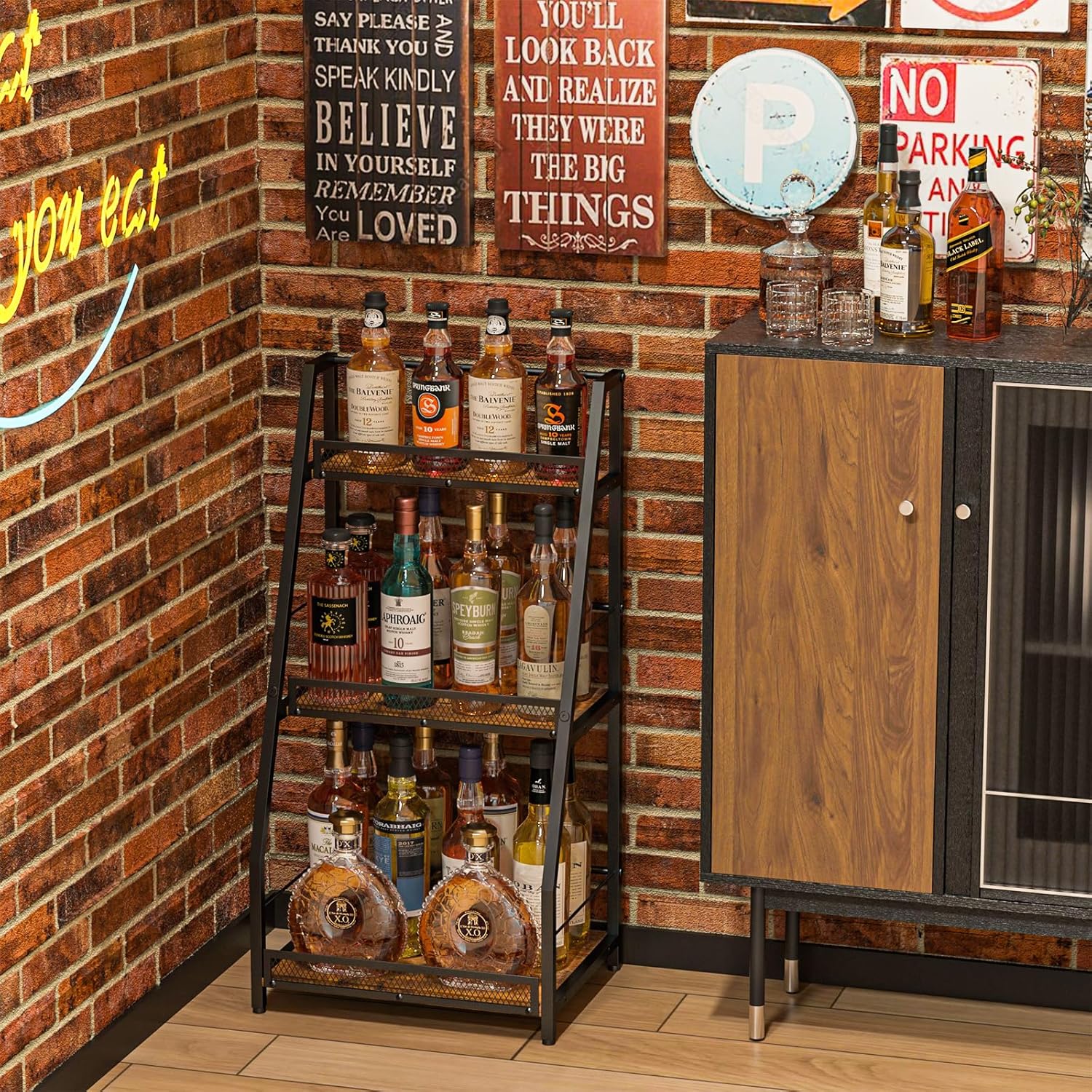 3-Tier (Safe Height for Kids & Pets) Liquor Stand for Home Bar, Stepped Wine Rack Freestanding Floor for Liquor Whiskey Wine, Versatile Corner Wine Bottle Display Stand with Fences, Vintage Brown