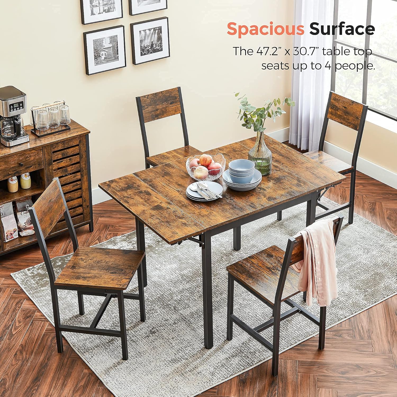 VASAGLE Folding Dining Table, Kitchen Table, Drop Leaf Extendable Table for Small Spaces, Seats 2-4 People, Industrial, Rustic Brown and Black UKDT077B01